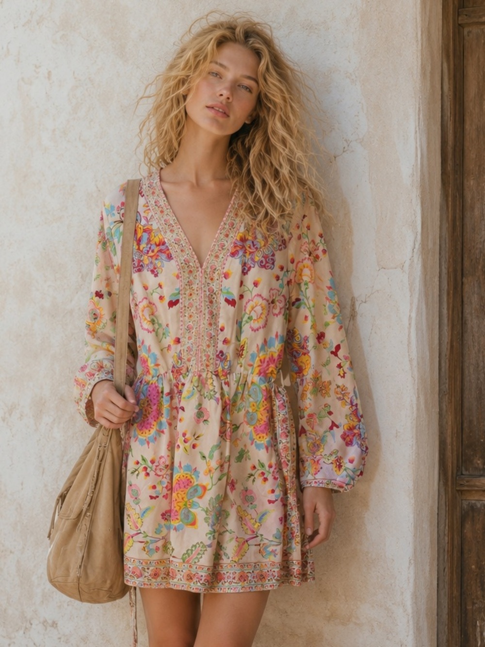 Bohemian Floral V-Neck Midi Dress in Cream